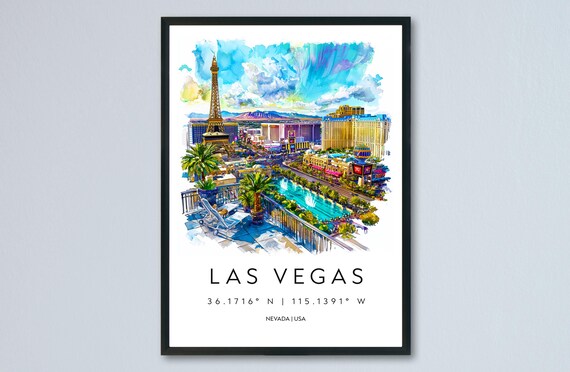 Las Vegas Strip Watercolor Eiffel Tower Casino Nevada Travel Poster