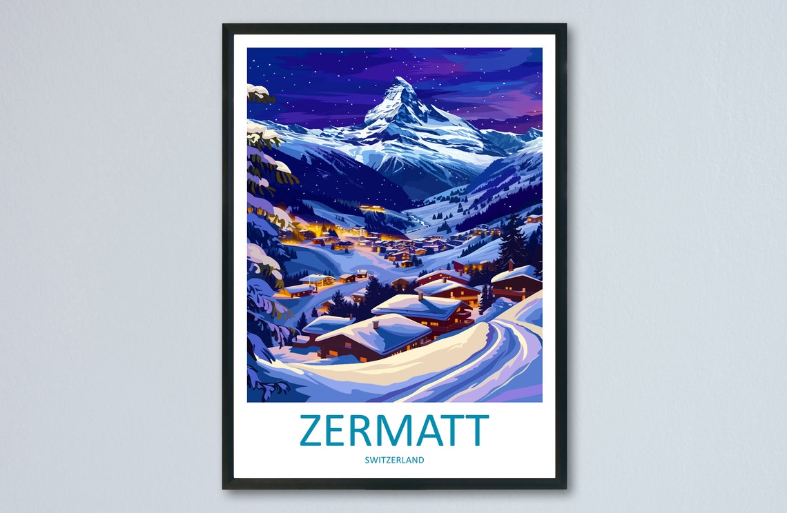 Zermatt Switzerland Night View Matterhorn Lit Village Chalets Poster