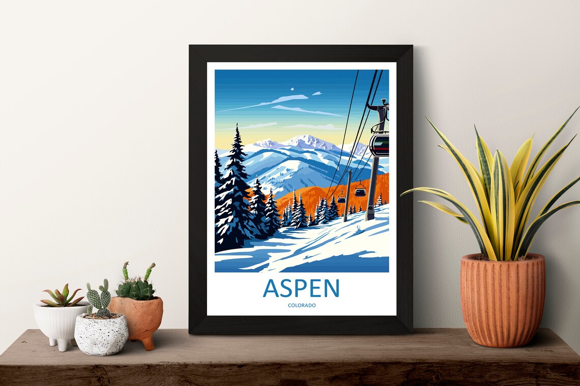 Aspen Colorado Gondola Snowy Peak Ski Resort Travel Poster USA - Image 3