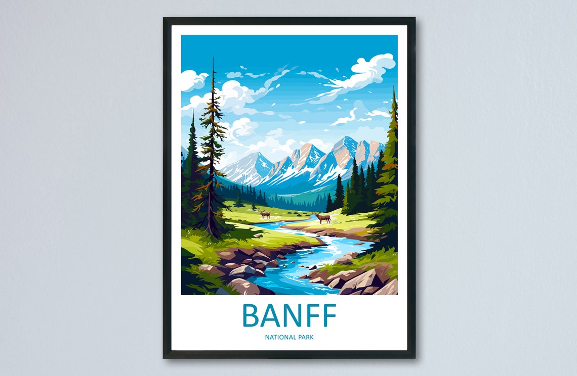 Banff National Park Elk Stream Mountain Valley Travel Poster