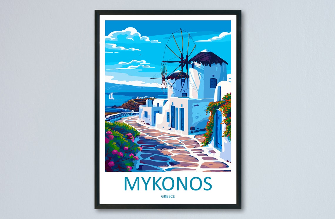 Mykonos Greece Windmills Poster with Whitewashed Houses by the Sea