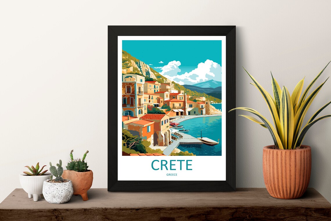 Sunlit Crete Fishing Harbor Village in Greece Coastline Travel Poster - Image 3