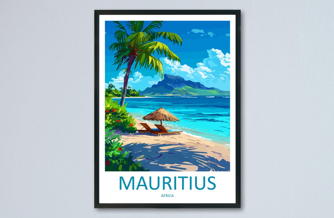 Mauritius Tropical Beach Palm Tree Umbrella Lounge Chairs Poster