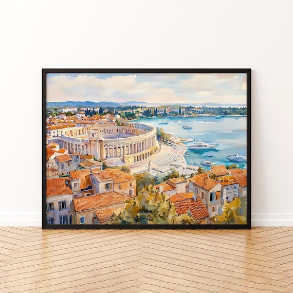 Pula Watercolor Travel Poster, Roman Amphitheater