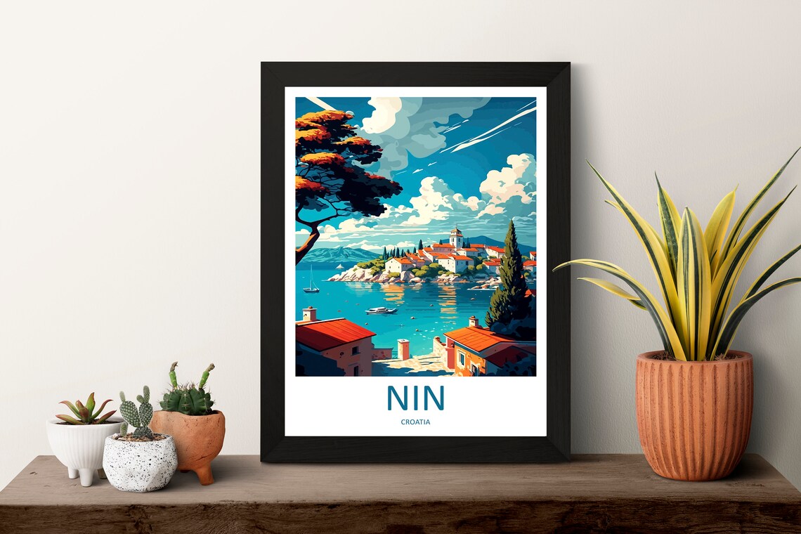 Nin Croatia Red Roof Coastal Old Town Bay Harbor Travel Poster - Image 3
