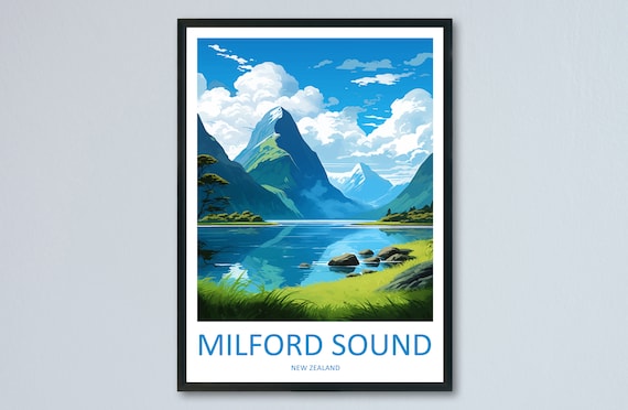 Milford Sound Travel Poster, New Zealand Wall Decor