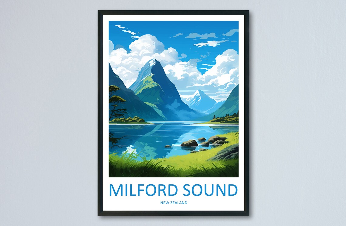 Milford Sound Travel Poster, New Zealand Wall Decor