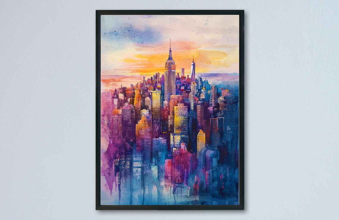 New York Skyline Sunset Empire State Building Watercolor Poster
