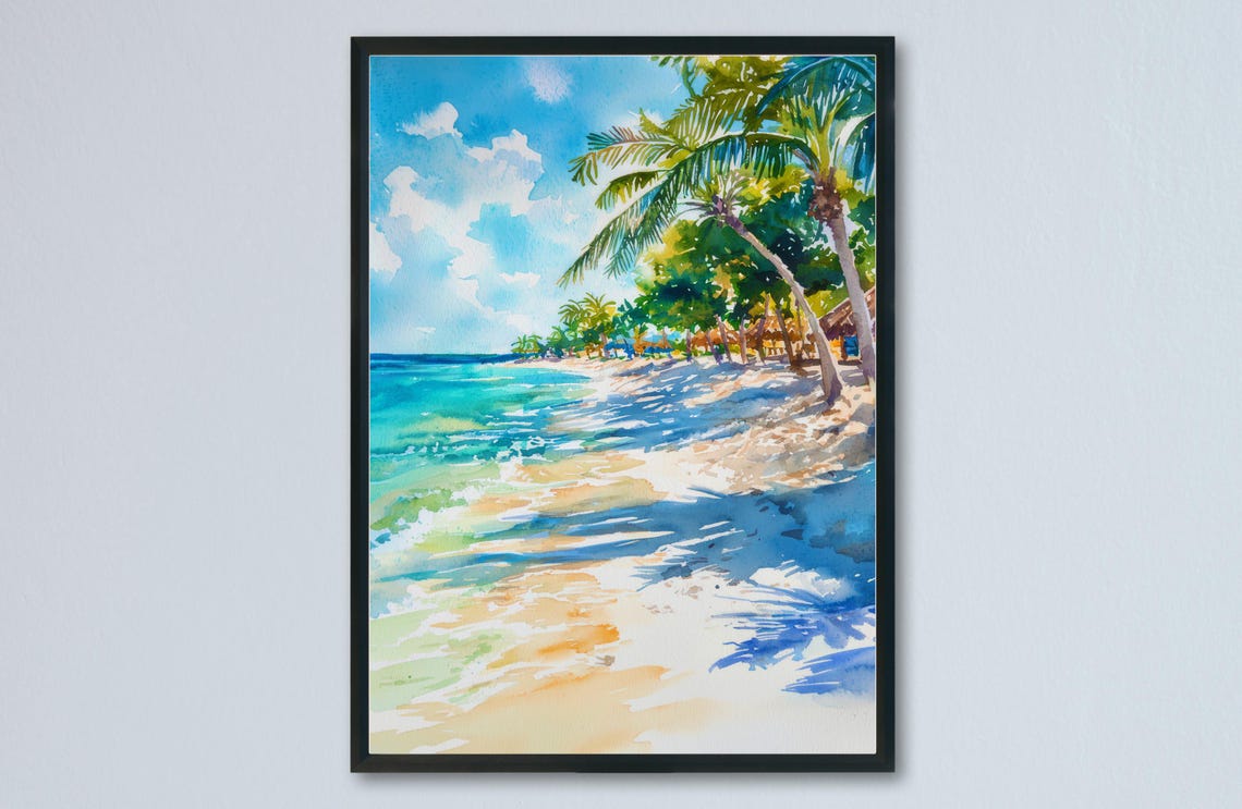 Tropical Beach With Leaning Palms and Crystal Clear Sea Poster