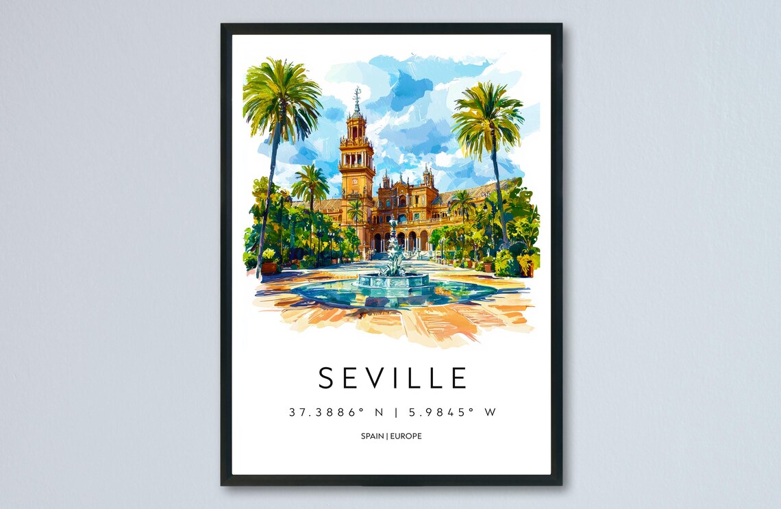 Seville Plaza Fountain Watercolor Travel Poster With Spain Coordinates