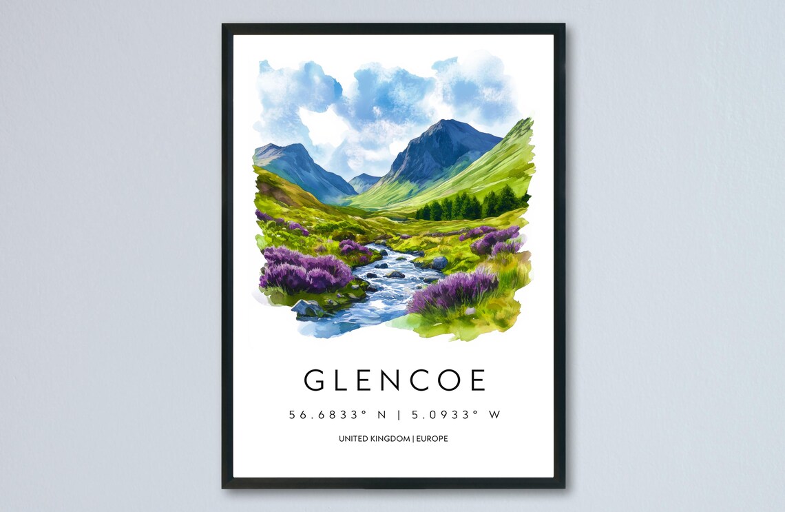 Glencoe UK Heather Glen Stream Mountains Watercolor Landscape Poster