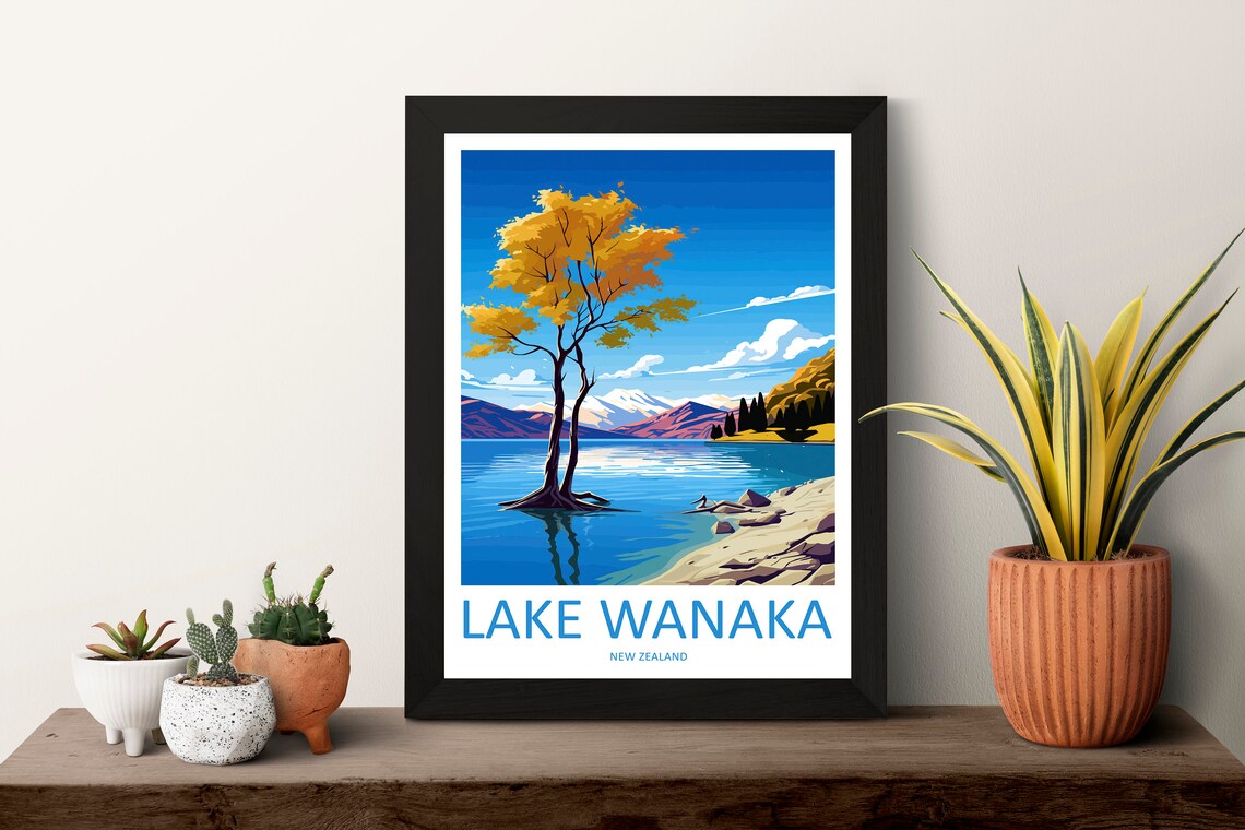 Lake Wanaka New Zealand Lone Tree Blue Shoreline Travel Poster - Image 3