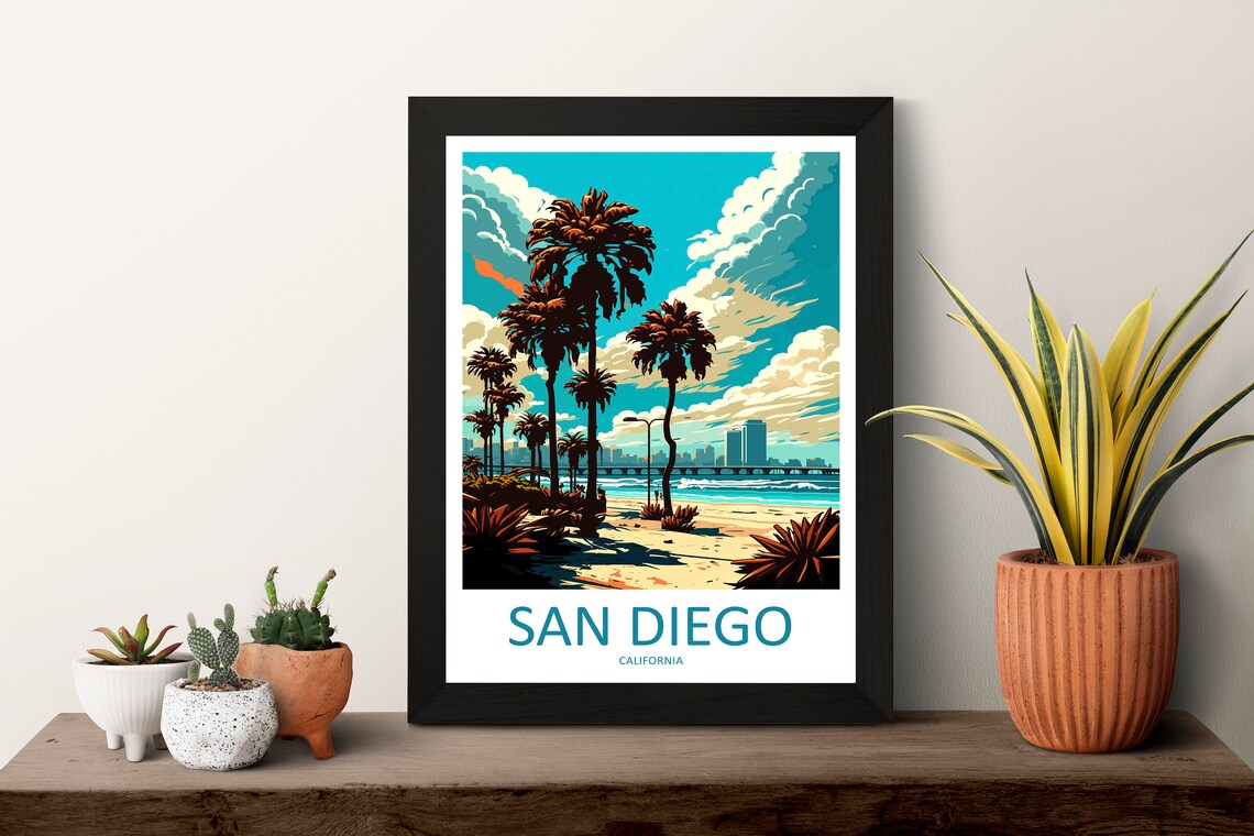 San Diego California Palm Tree Beach And City Skyline Poster - Image 3