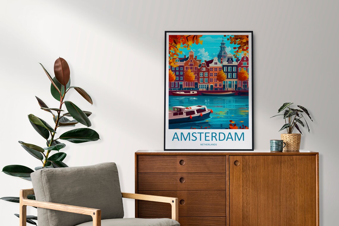Amsterdam Netherlands Autumn Canal Boat Gabled Houses Travel Poster - Image 2
