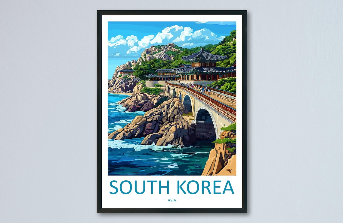 South Korea Coastal Temple Rocky Shoreline Vintage Travel Poster