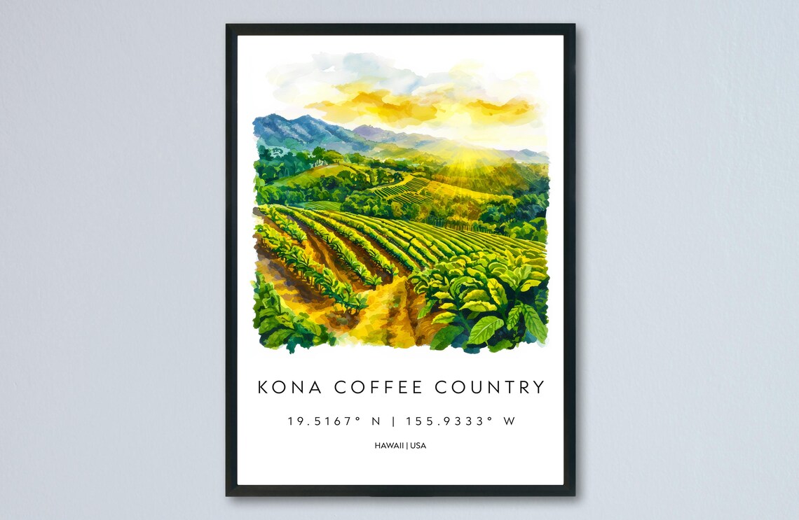 Kona Coffee Country Hawaii Farm Sunset Watercolor Travel Poster