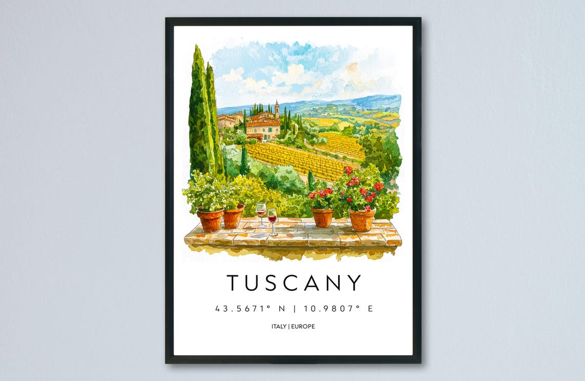 Tuscany Watercolor Terrace View With Vineyards Italy Travel Poster