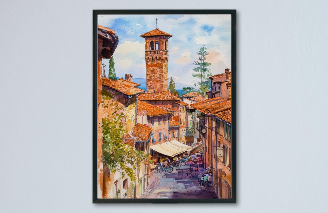 Lucca Watercolor Travel Poster, Tuscany City Decor
