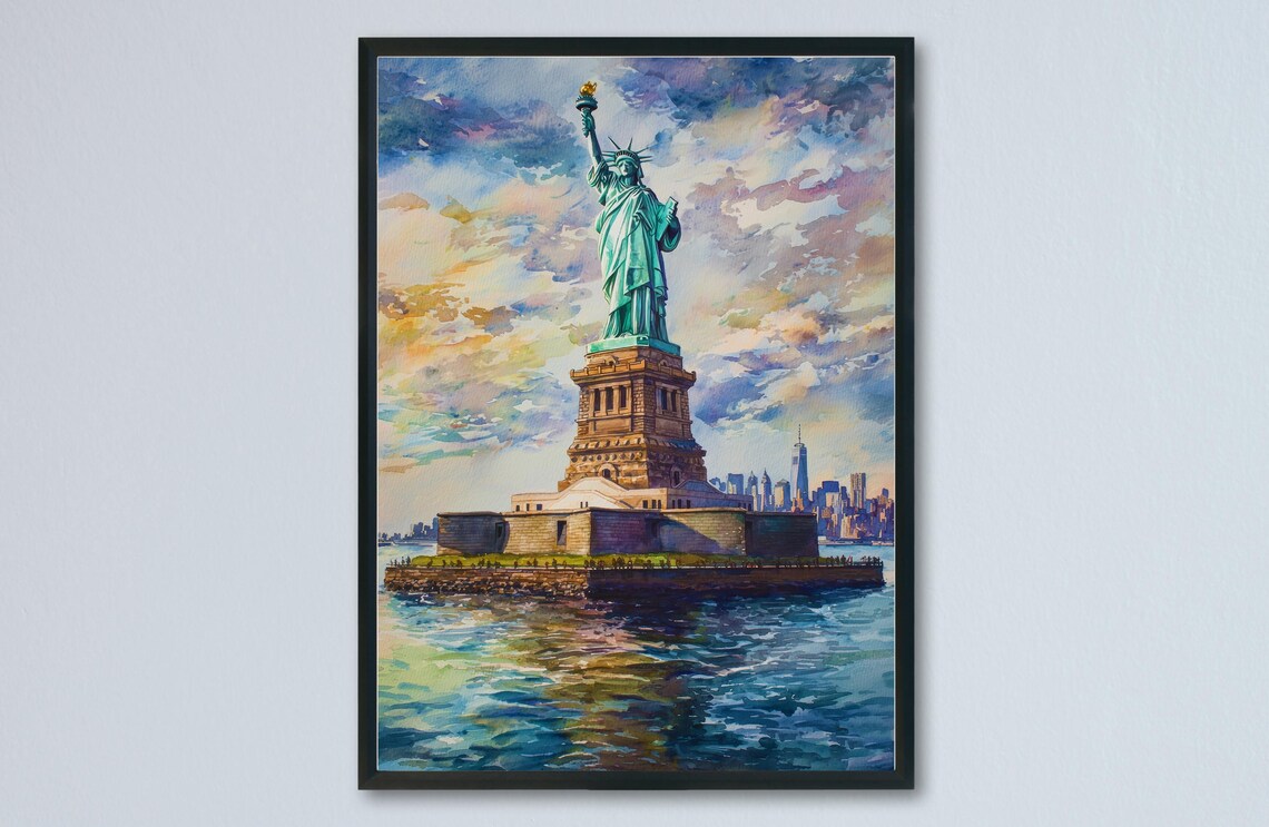 Statue of Liberty Harbor Skyline Sunset Glow Watercolor Poster