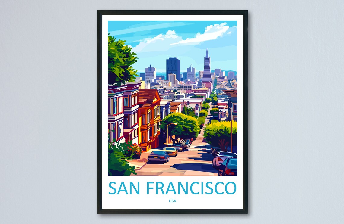 San Francisco Victorian Street Leading To The Downtown Skyline Poster