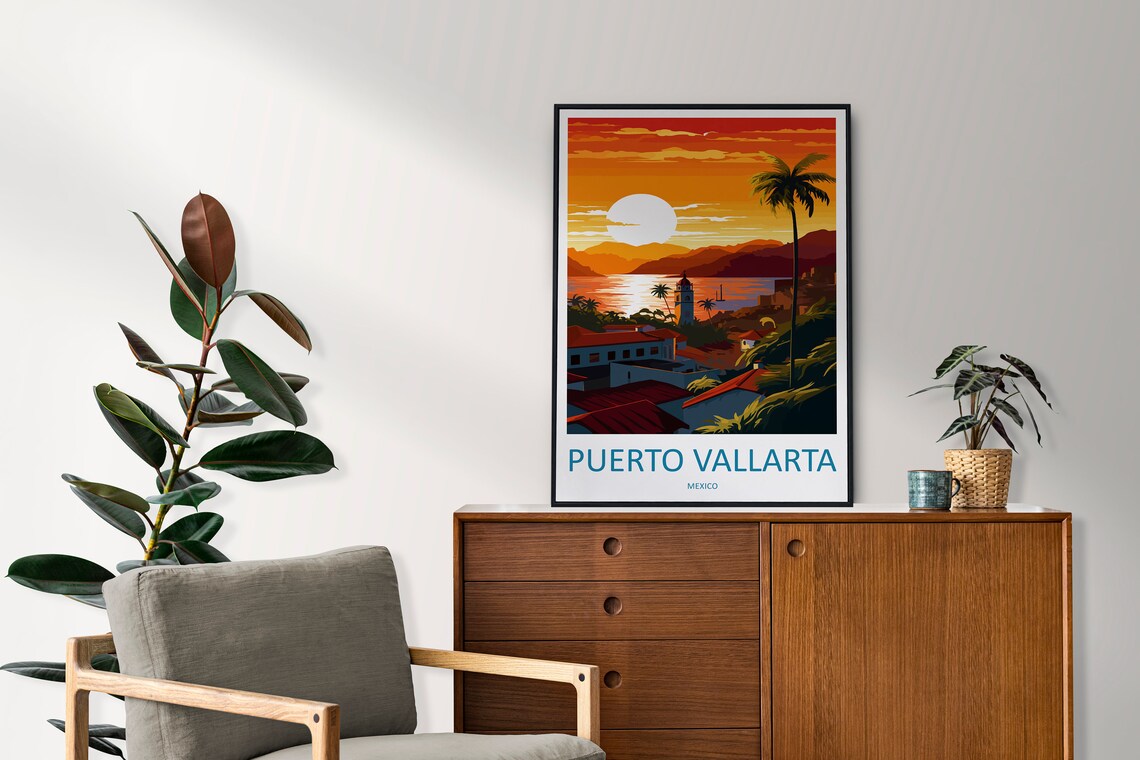 Puerto Vallarta Mexico Bay Sunset Palm Church Tower Travel Poster - Image 2