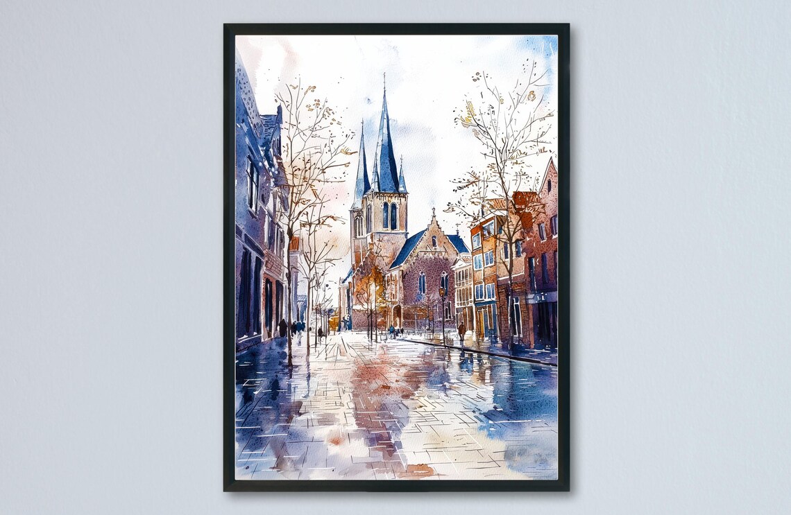 Maastricht Historic Street Church Spires Rainy Day Watercolor Poster