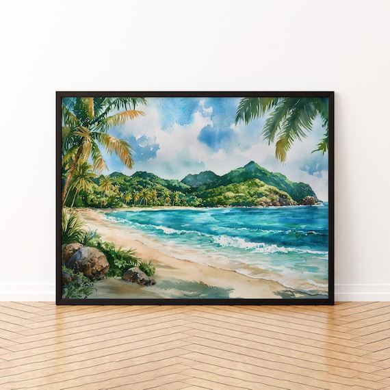 Grenada Caribbean Palm Beach Watercolor Tropical Landscape Poster