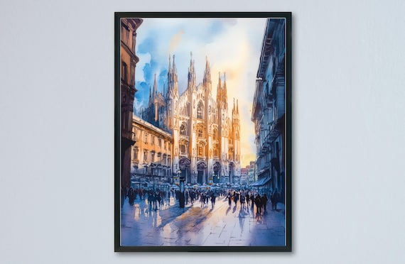 Milan Duomo Cathedral Piazza Sunset Crowd Watercolor Beautiful Poster