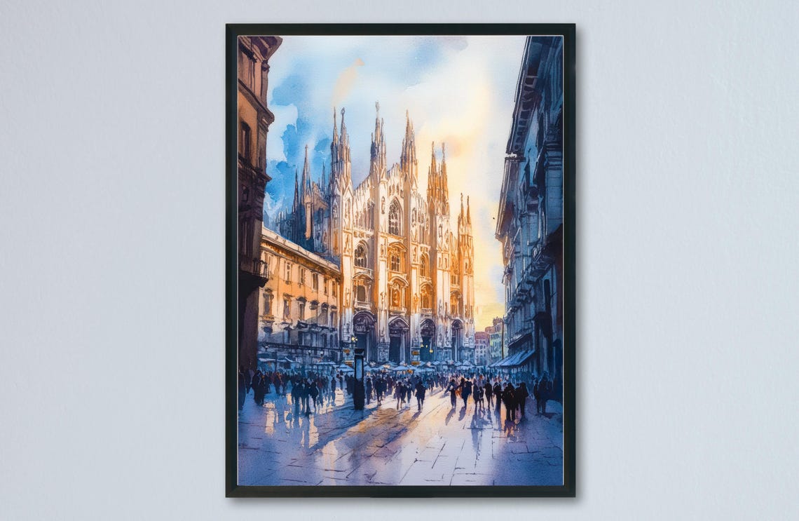 Milan Duomo Cathedral Piazza Sunset Crowd Watercolor Beautiful Poster