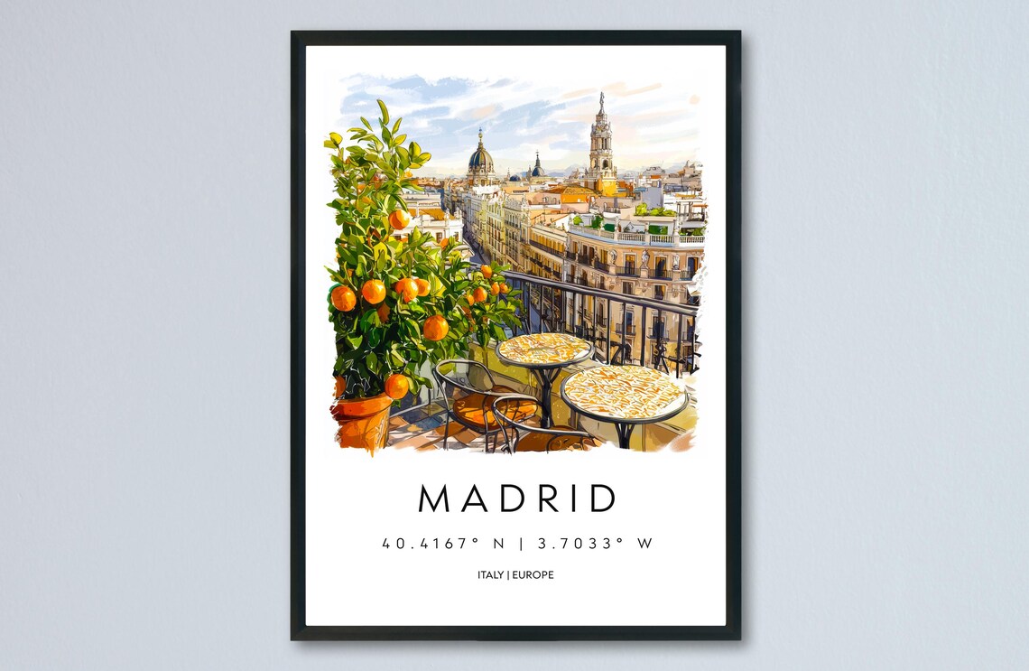 Madrid Spain Watercolor Travel Poster Rooftop Terrace With Orange Trees