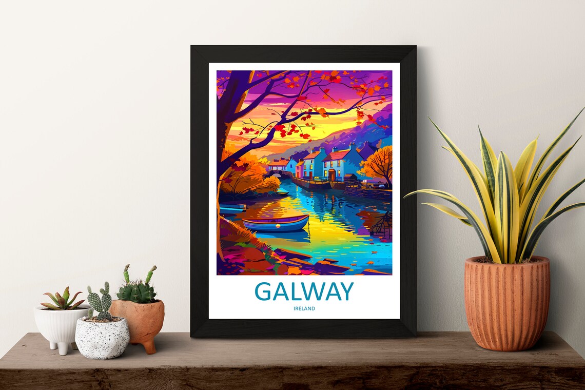 Galway Ireland Sunset River Village with Boats Autumn Travel Poster - Image 3