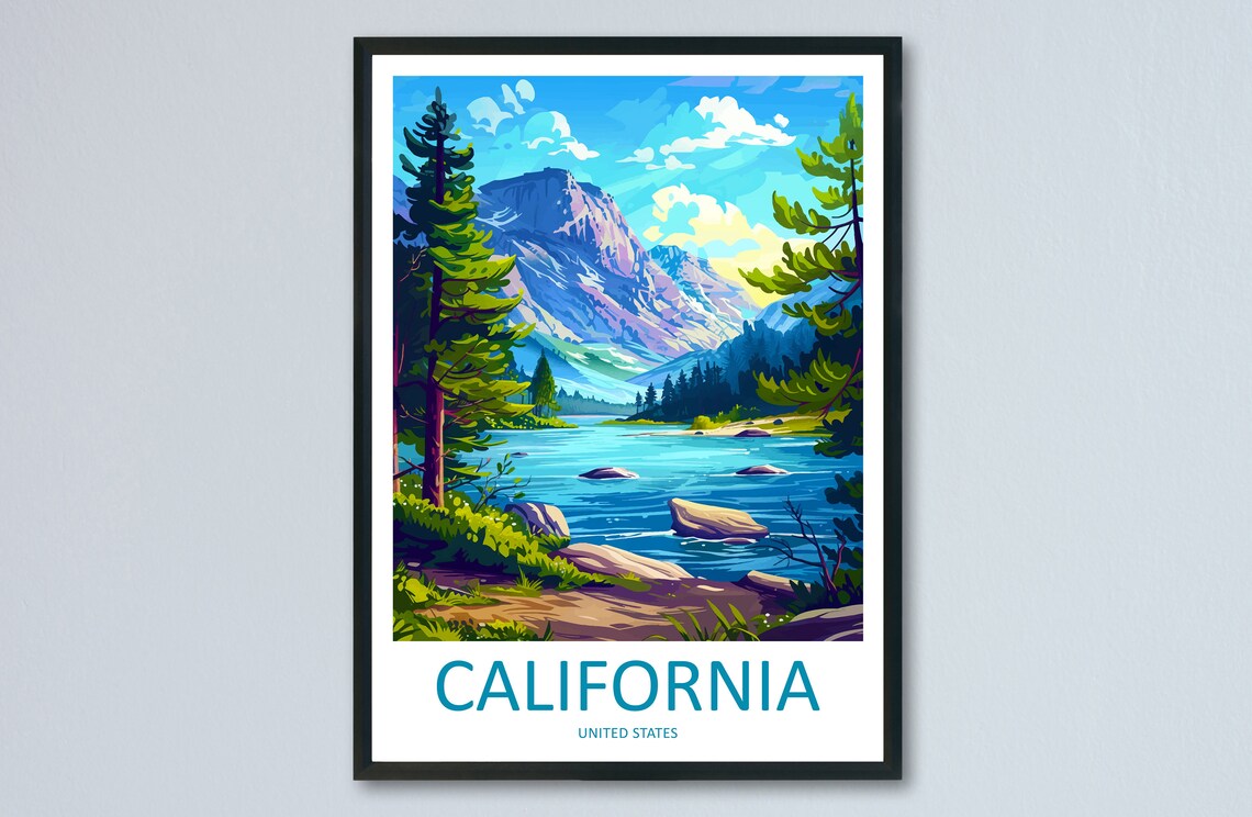 California USA Mountain Lake Pine Forest Peaks Alpine Travel Poster