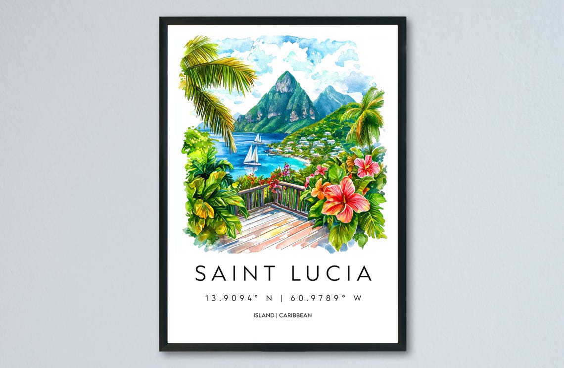 Saint Lucia Watercolor Travel Poster, Caribbean Landscape