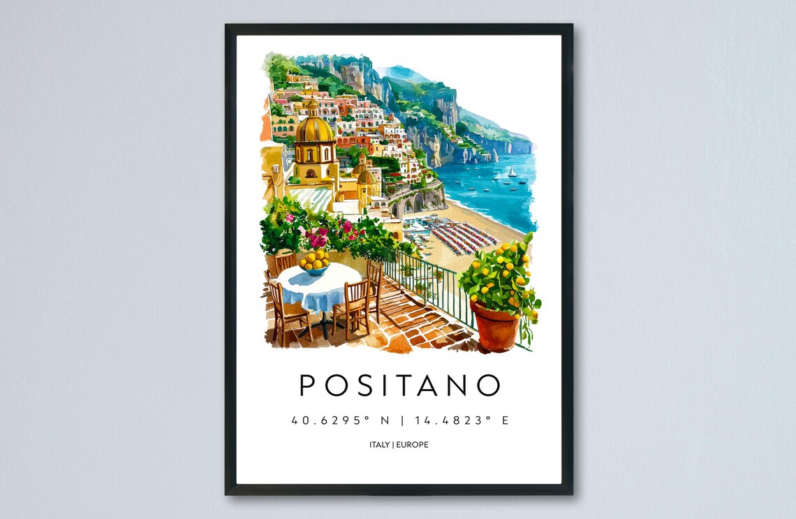 Positano Italy Cliffside Village Beach Watercolor Travel Poster