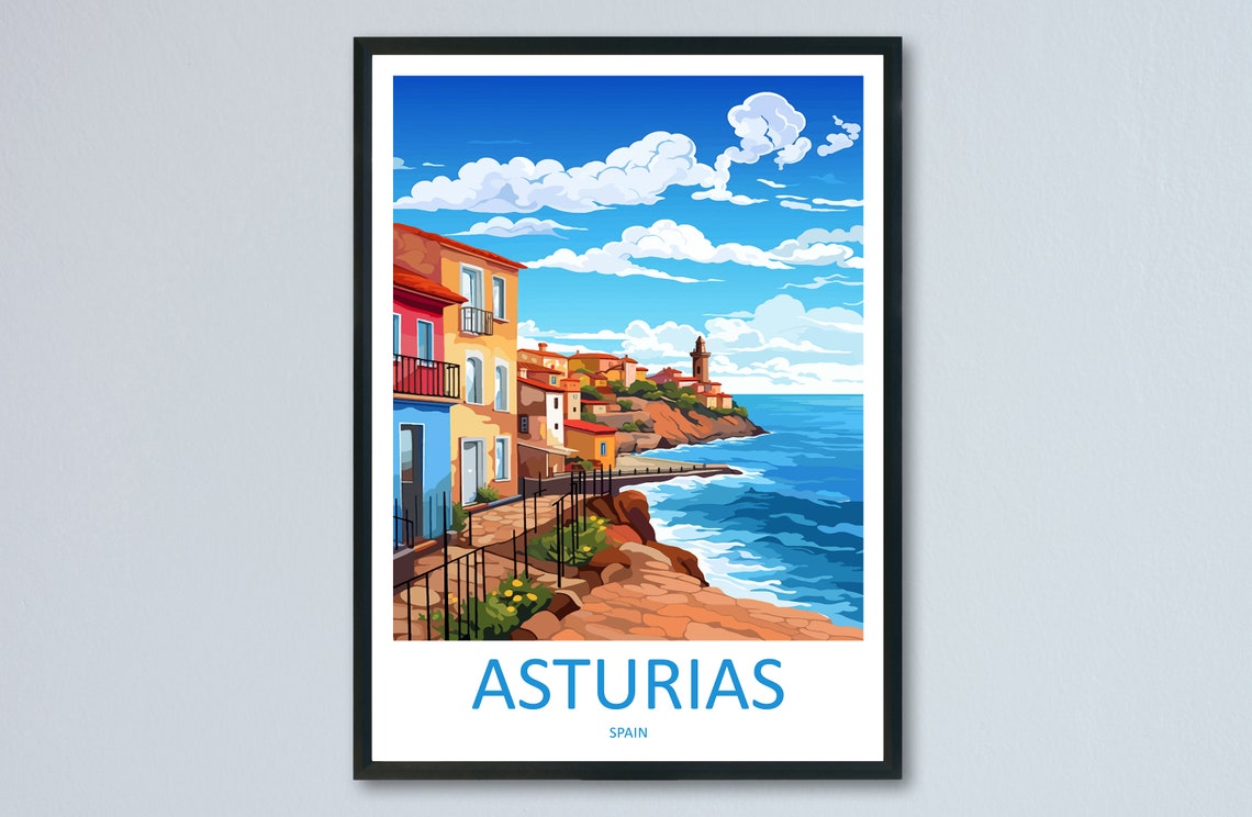 Asturias Spain Seaside Village Lighthouse Cliffs Ocean View Poster