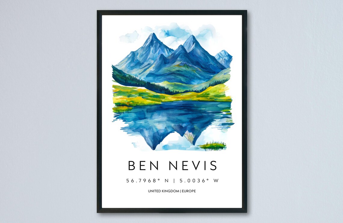 Ben Nevis Scotland Watercolor Mountain Lake Mirror Travel Poster