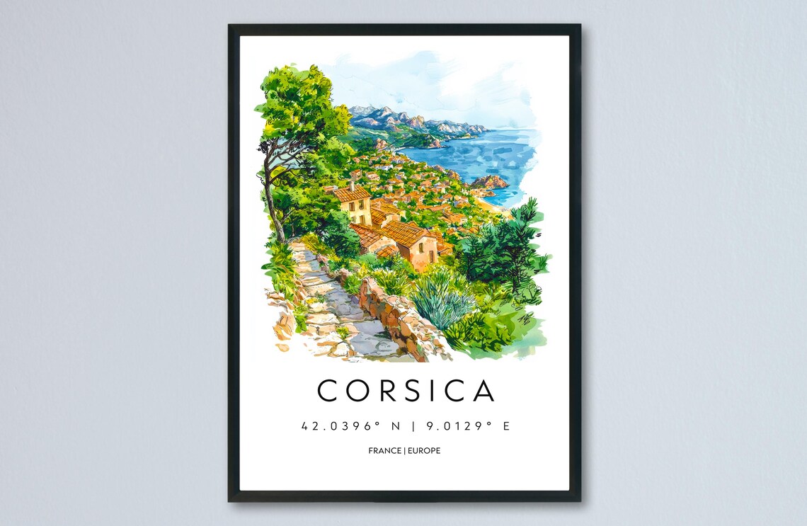 Corsica France Island Coastal Village Watercolor Travel Poster