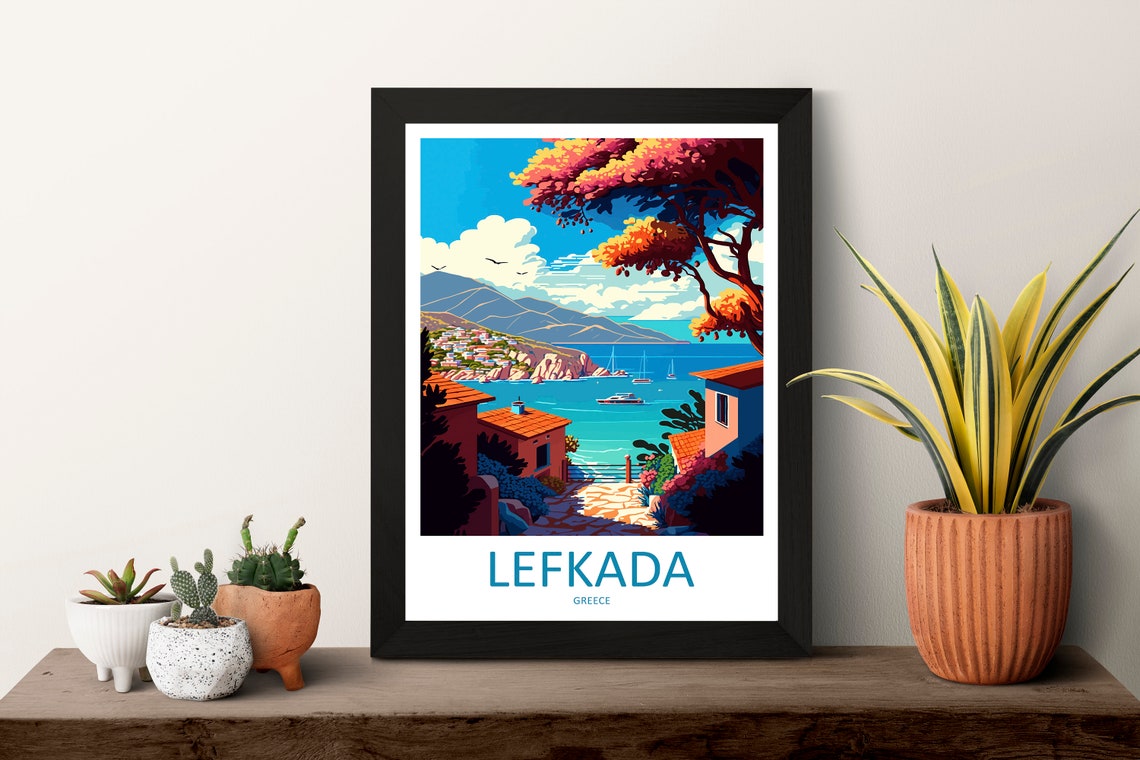 Lefkada Greece Coastal Village Turquoise Bay Sailing Boats Poster - Image 3