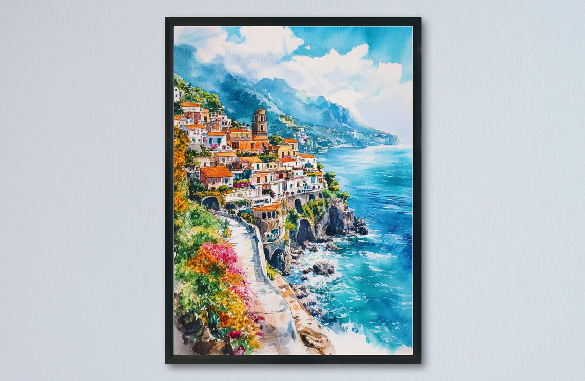 Cliffside Coastal Town Turquoise Sea Watercolor Travel Poster