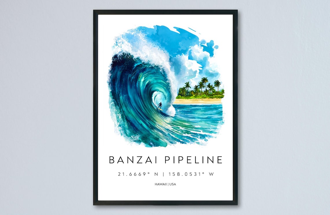 Banzai Pipeline Hawaii Barreling Wave Surf Watercolor Travel Poster
