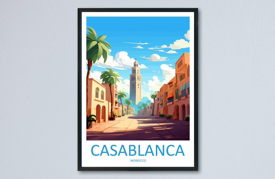 Casablanca Morocco Sunlit Street Palm Trees And Minaret Poster
