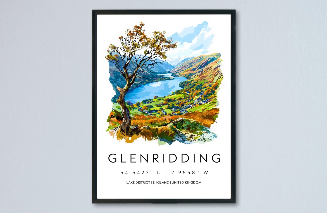Glenridding Lone Tree Over Autumn Lake Valley Watercolor Poster