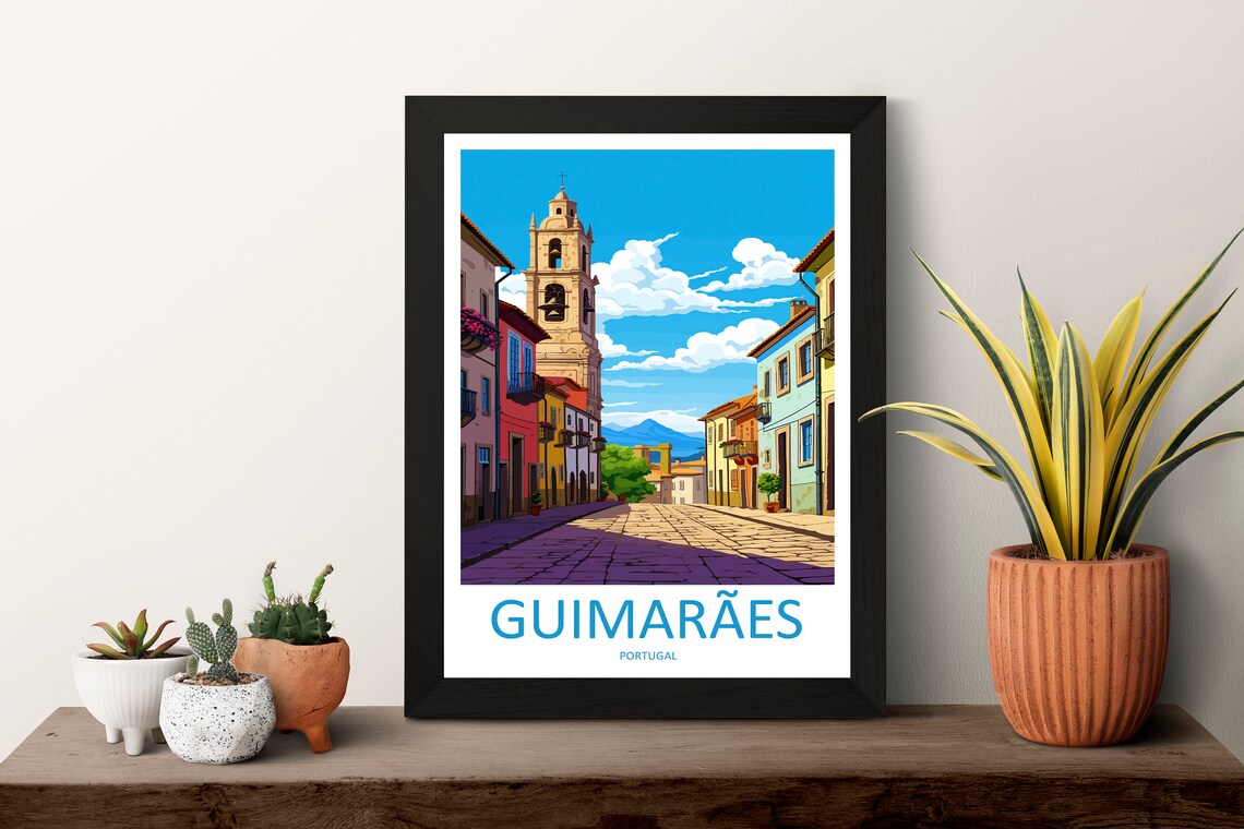 Guimaraes Portugal Colorful Historic Street Scene Travel Poster - Image 3