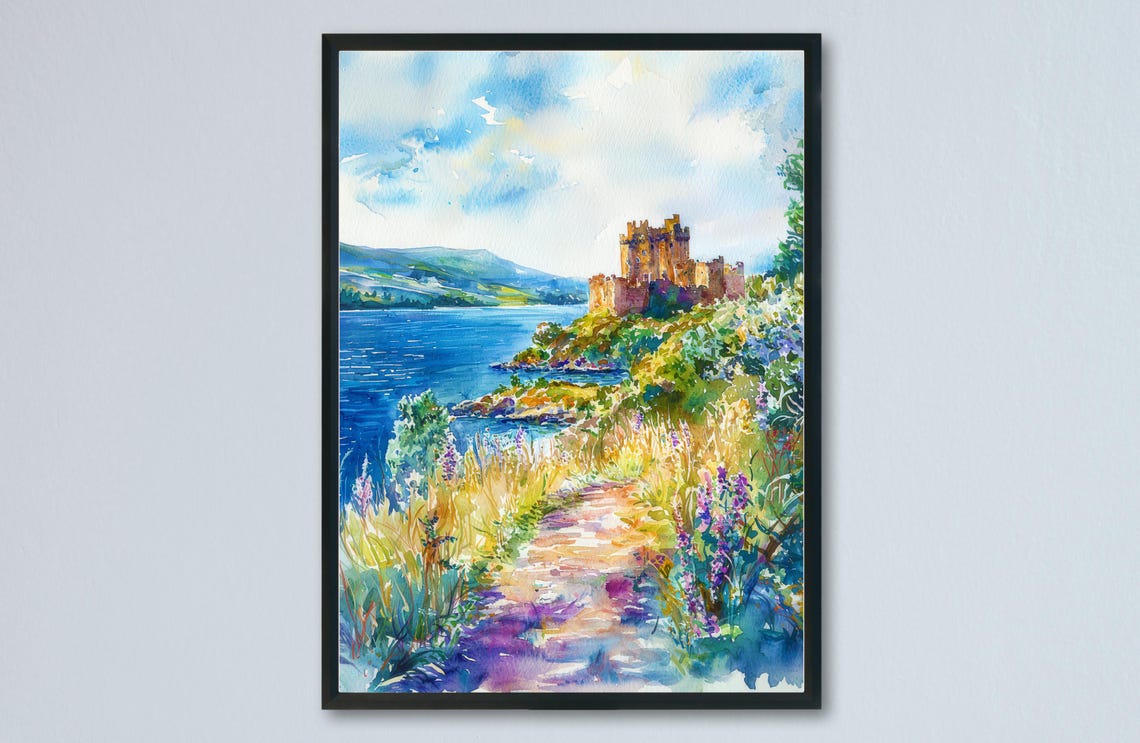Urquhart Castle Loch Ness Shore Ruins Wildflower Watercolor Poster