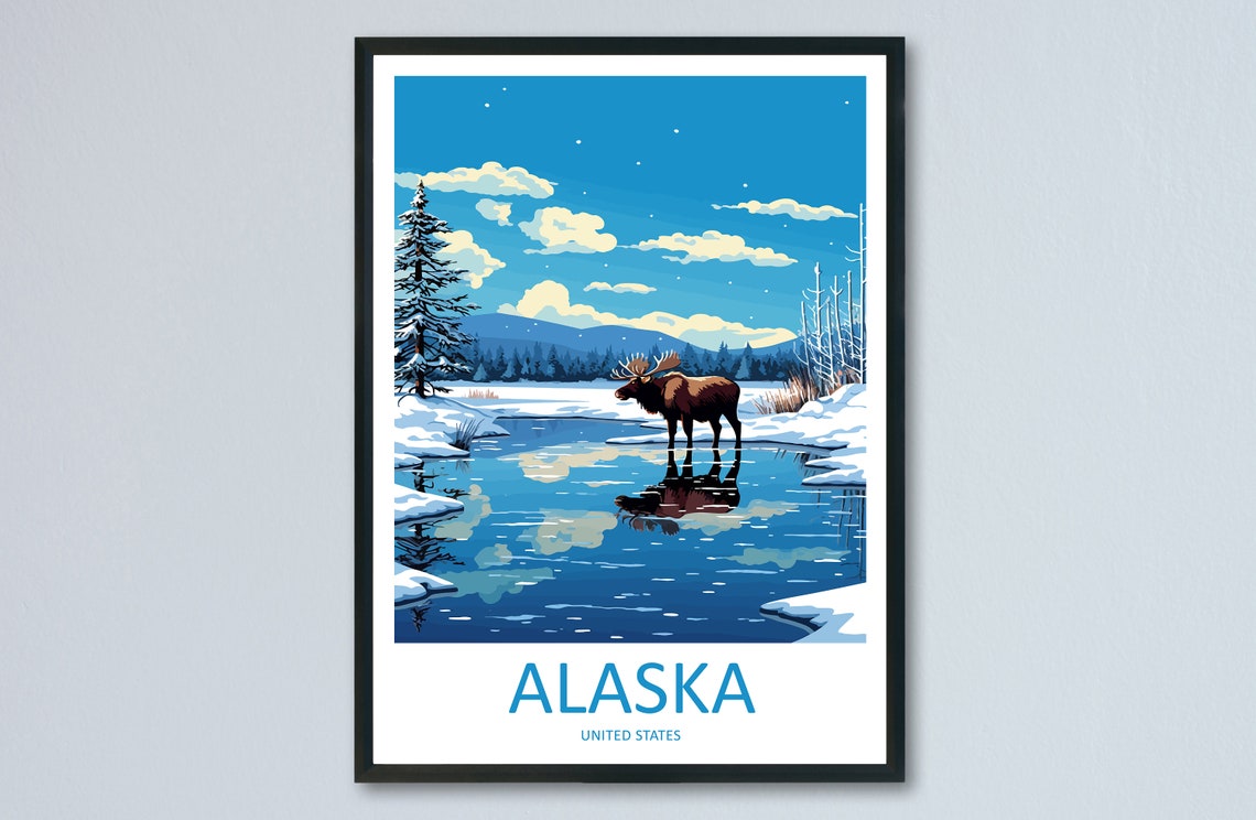 Alaska United States Moose Snowy Lake Winter Reflection Poster
