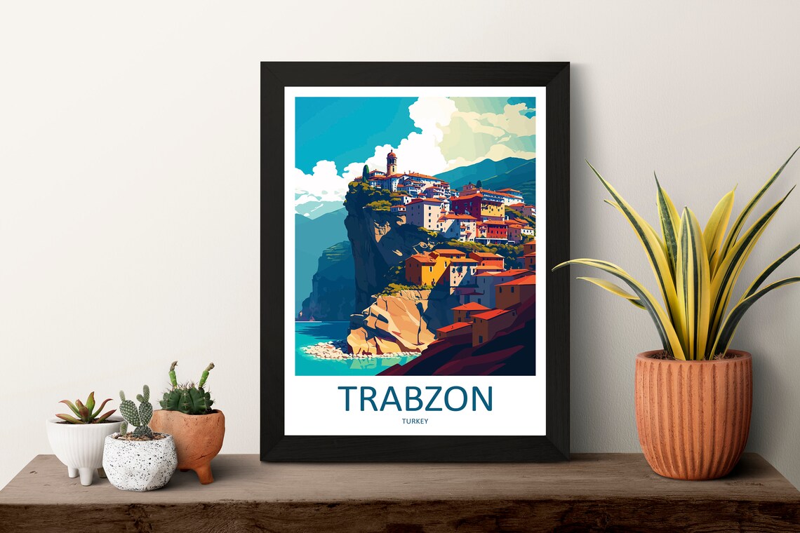 Trabzon Turkey Cliffside Village Retro Illustration Travel Poster - Image 3