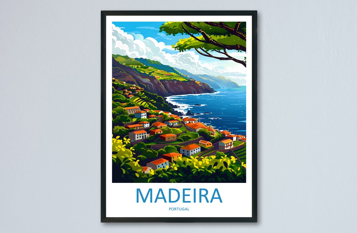 Madeira Portugal Coastal Village Terraced Hillside Ocean View Poster