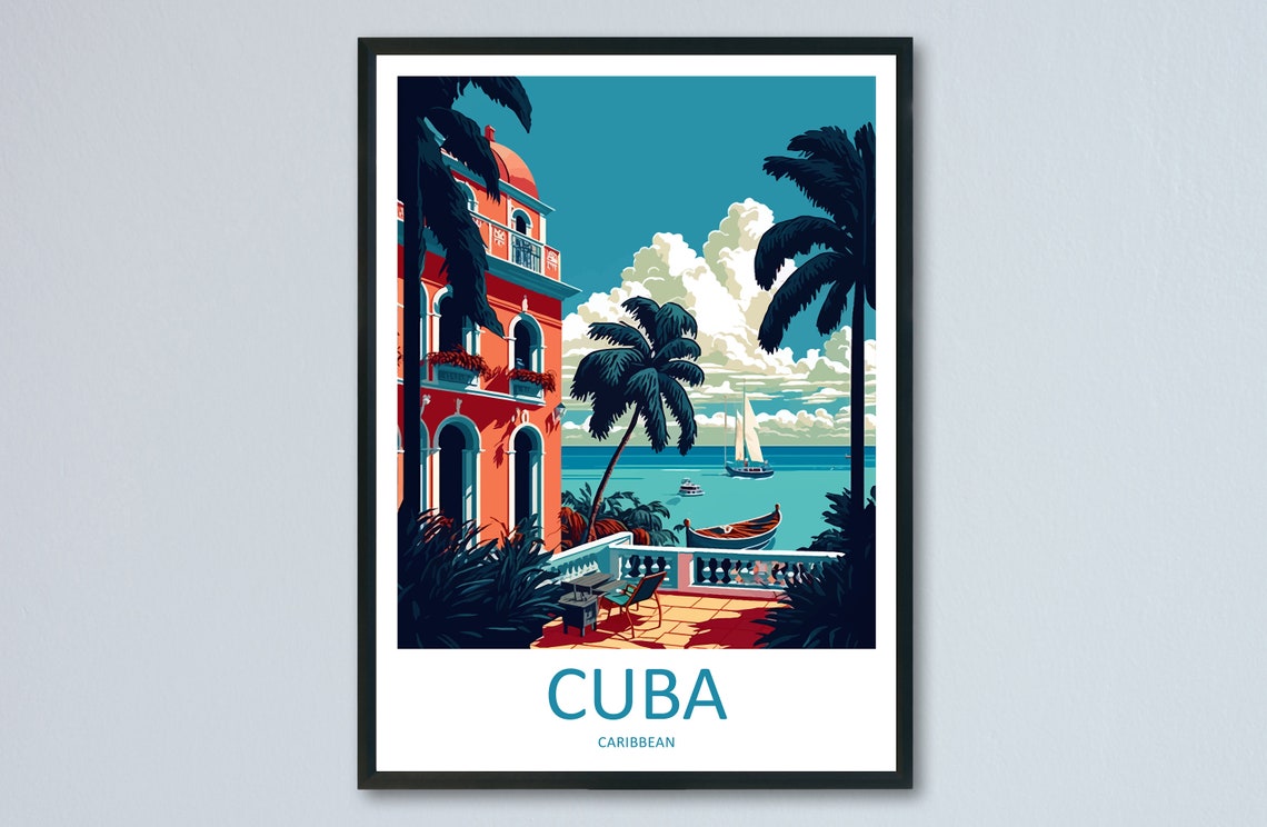 Cuba Caribbean Colonial Terrace Palms Sailboat Sea View Poster