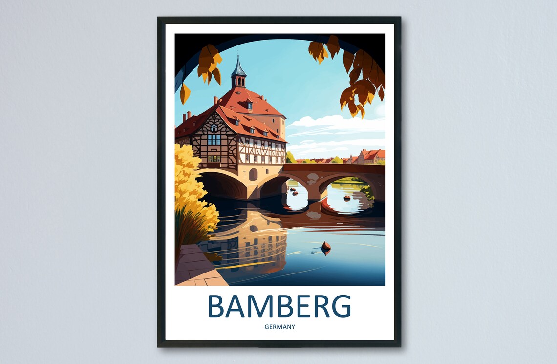 Bamberg Germany Old Town Travel Poster With River Bridge View