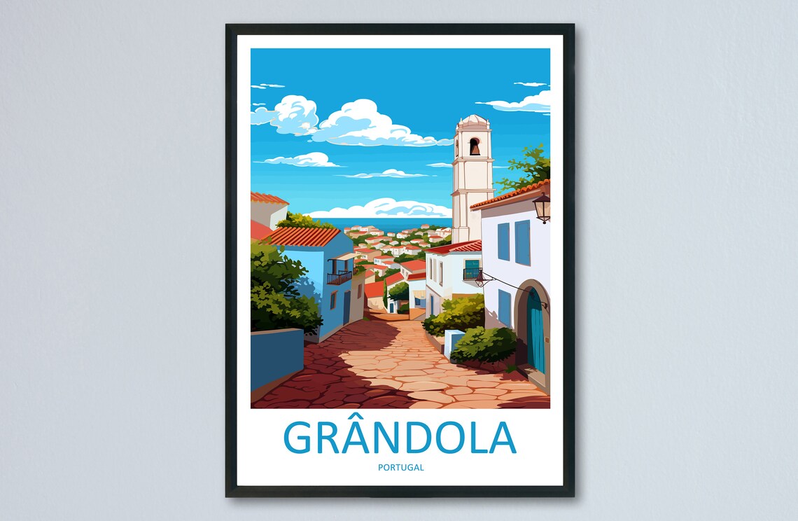 Grandola Portugal Seaside Village Bell Tower Scene Travel Poster
